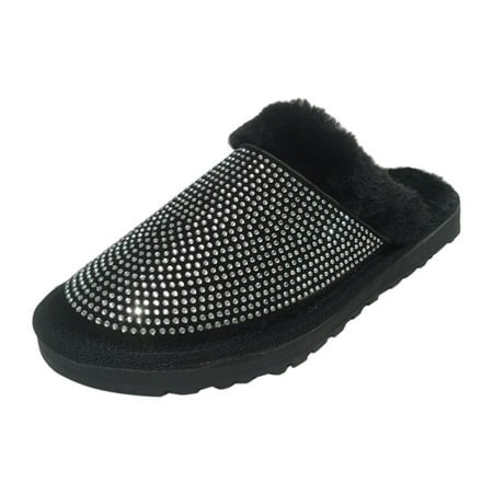 

Pgeraug slippers for women Outdoor Women Plush Rhinestone Wool Drag Warm Slippers And Comfortable Flat Shoe wom en shoes Black 42