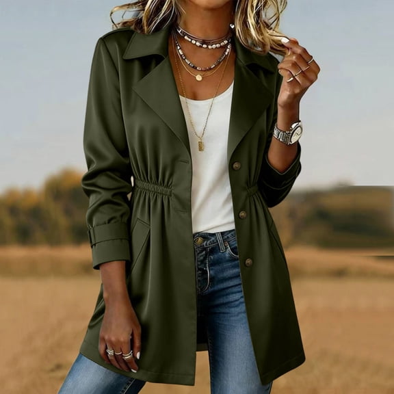 FDGIU Women's Lapel Collar Waist Mid Length Trench Coat, Adjustable Cuff Long Sleeve Button Down Lightweight Wind Jacket with Side Pockets for 2026 Spring Fall Daily Casual Layering