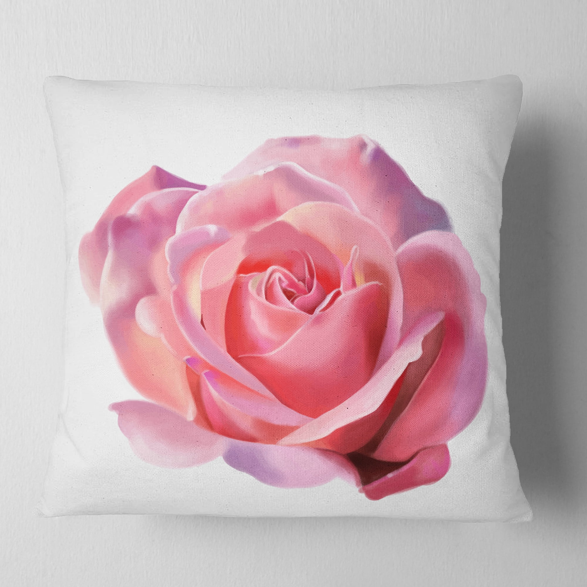 Designart Pink Rose Sketch on White Background - Flowers Throw Pillowwork - 16x16