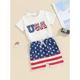 thumbnail image 3 of Toddler Baby Boys Outfits for 4th of July 6 12 18 24 Months 2T 3T 4T Fuzzy Letter Embroidery Short Sleeve T-Shirts Tops Stripe Stars Print Shorts 2Pcs Clothes Set, 3 of 9