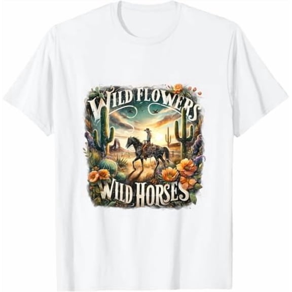 Greenink Retro Vintage Southern Sunset Cowgirl Riding Horse Wild Flowers Wild Horses T-Shirt Funny Women Girls Graphic Tees