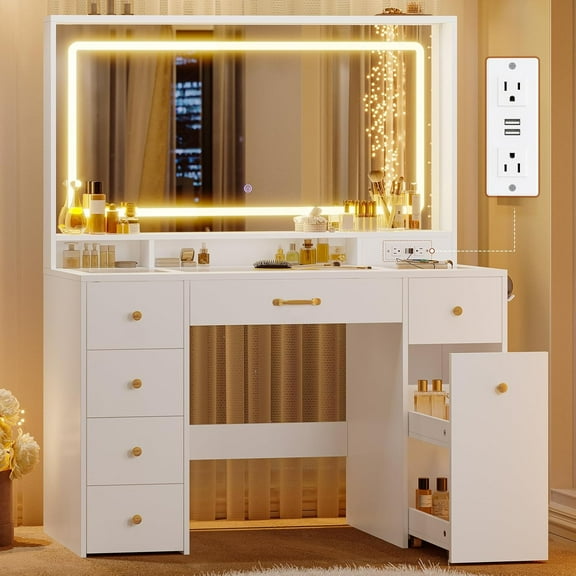 Vanity Desk With Large LED Mirror and Lights, Makeup Table With 6 Drawers and Power Outlet, Rolling Makeup Cart, Modern Storage Dressing Table, White