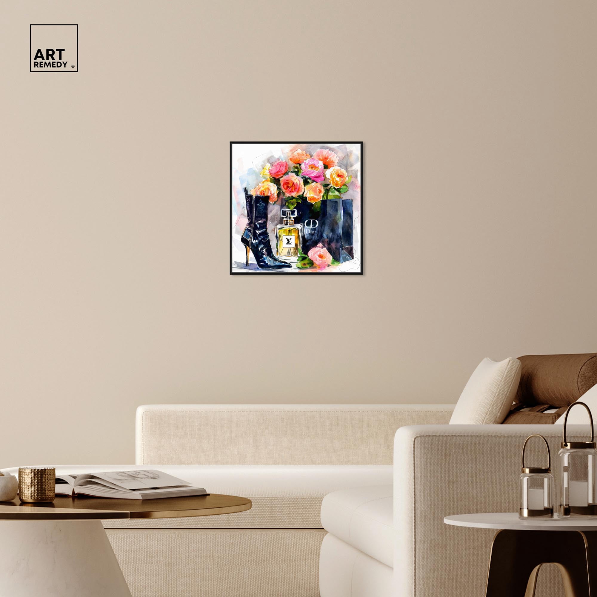 Boot with Perfume and Shopping Bag Canvas Fashion Art Prints by Art Remedy, Black Frame, 24" x 24"