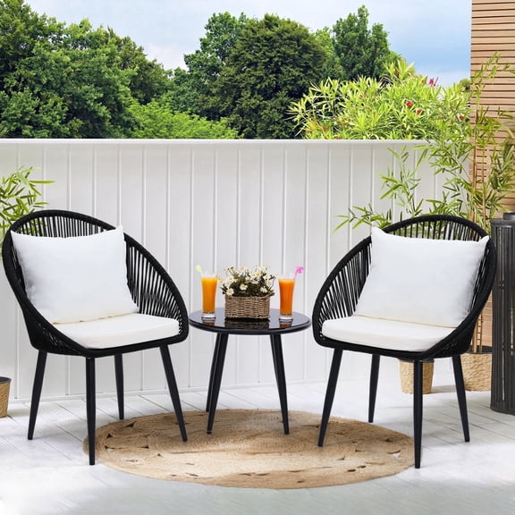 LOGYAT 3 Piece Bistro Set, Woven Rope Chairs with Cushions, All-Weather Patio Parlor Set with Glass Tabletop, Ideal for Patios, Balconies and Poolside, Black