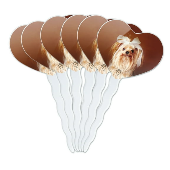 Yorkie Yorkshire Terrier Dog Bow In Hair Heart Love Cupcake Picks Toppers Decoration Set of 6