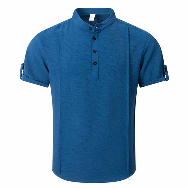Camisa de Manga Corta Plisada con Botón de Cuello en V, Mezcla de Algodón de Poliéster Top de Vacaciones de Playa, Suelto para Hombres