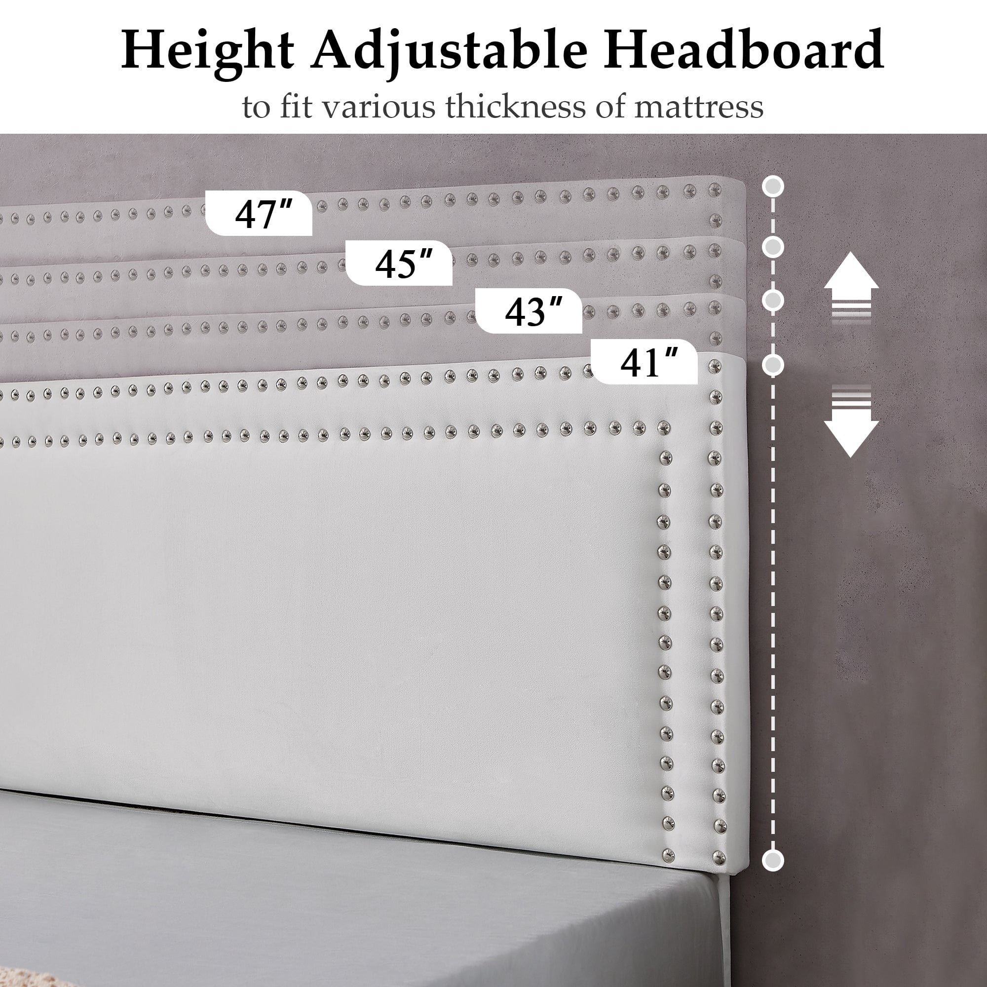 Katkuca Full Bed Frame, Upholstered Queen Size Platform Bed Frame with Adjustable Headboard, Strong Wood Slat Support, No Box Spring Needed, White