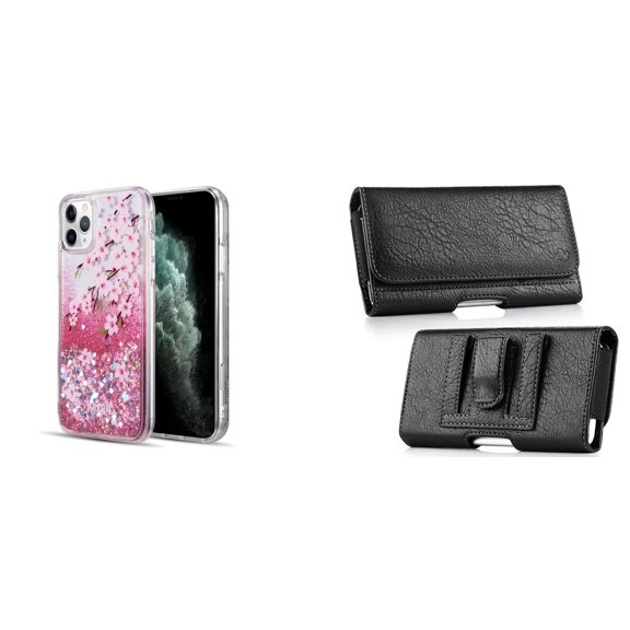 Liquid Glitter Case for iPhone 14 Pro Max and Belt Holster Pouch - Cherry Blossom