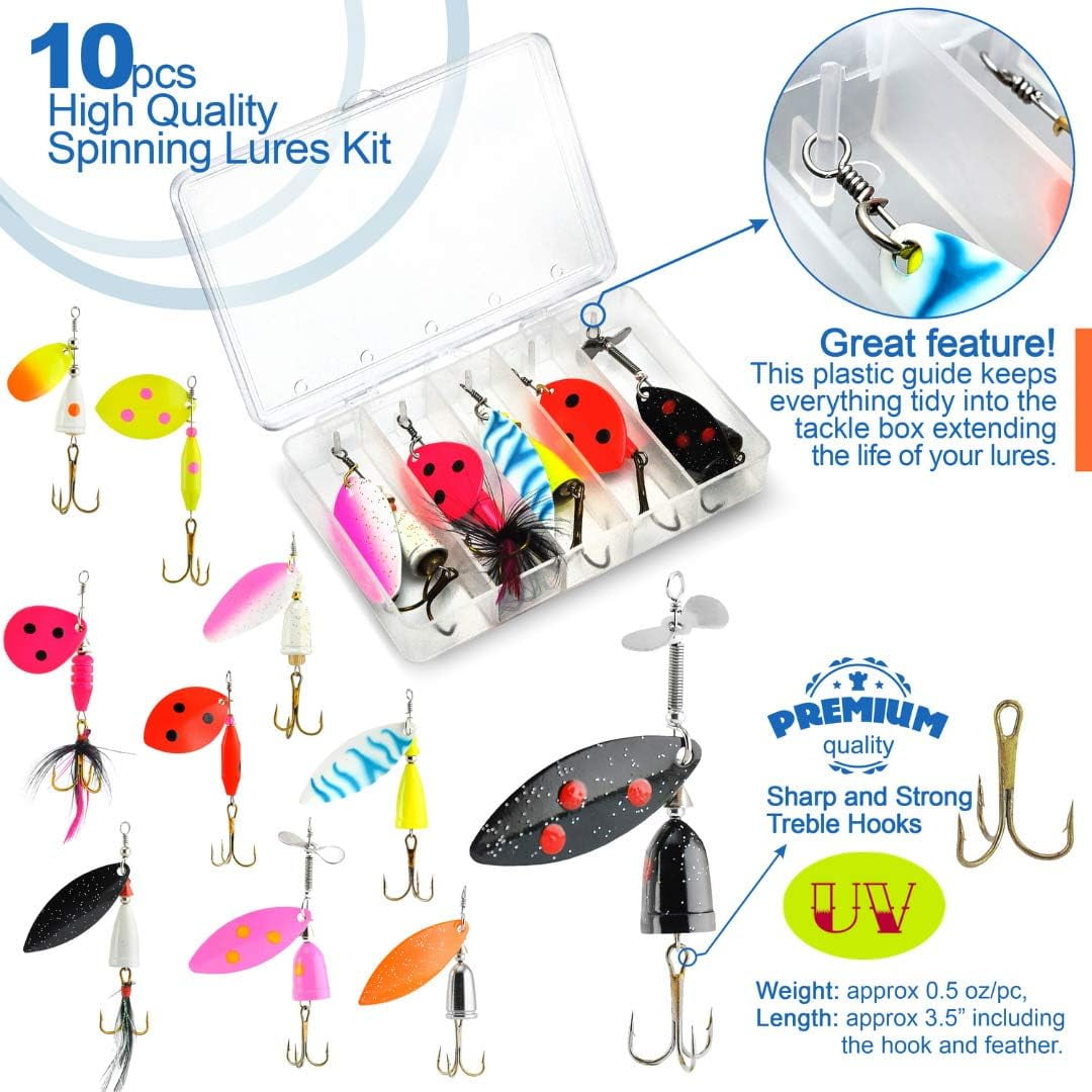 10Pcs Advanced UV Fishing Lures for Freshwater - Bass Fishing Spinnerbaits - Bass Fishing Gear - Trout Fishing Gear - Spinner Baits for Steelhead, Salmon, Trout, Bass & More - 2 Tackle Box Included