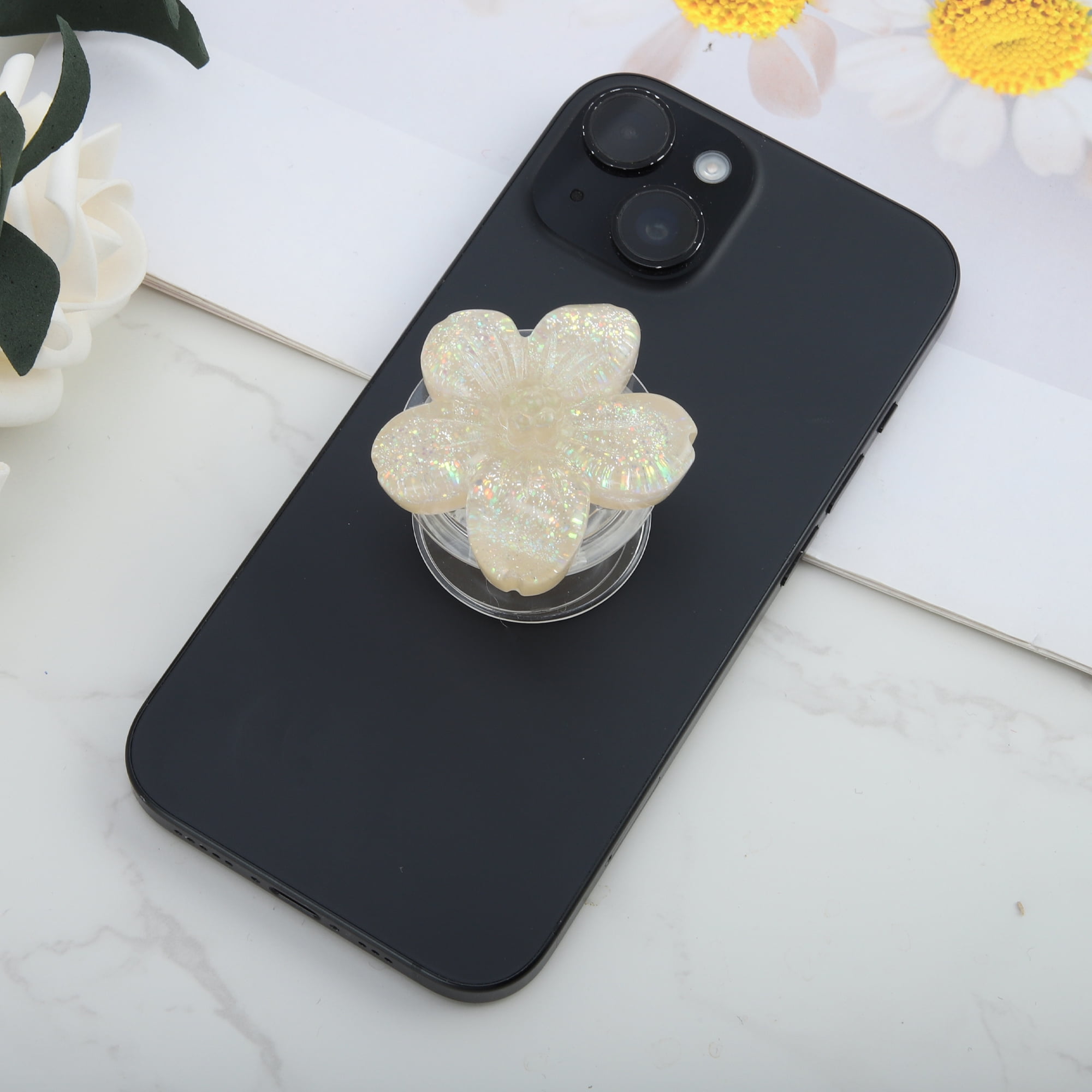 Unique Bargains Flower Morandi Glitter Phone Grip 1 Pc Gray