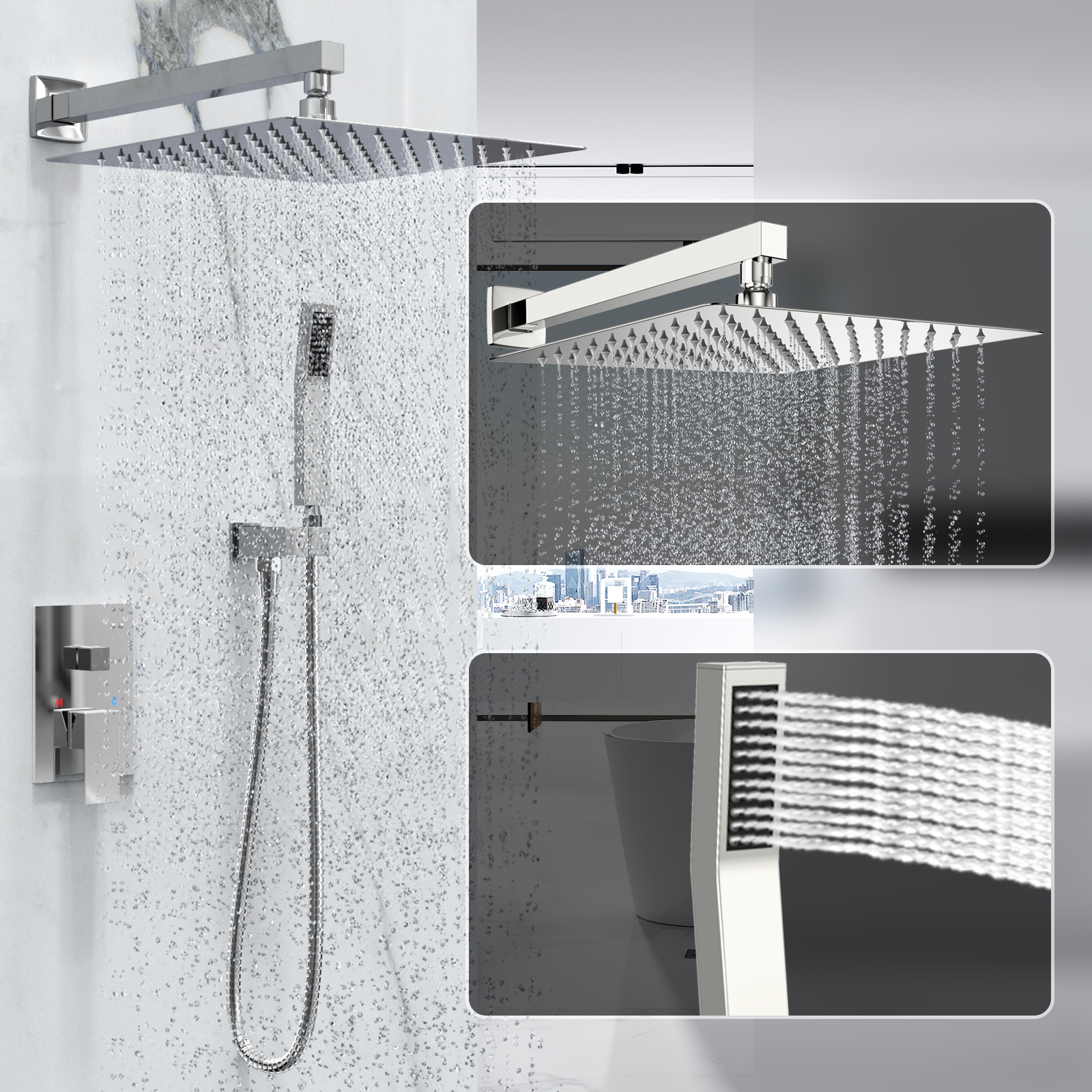 Fatspas Rain Shower System, 10" Shower Faucet Set with Rain Handheld, Wall Mounted High Pressure Shower Head System, Luxury Shower Head Set for Bathroom Shower Fixtures Rough in 2 Way Shower Valve Kit