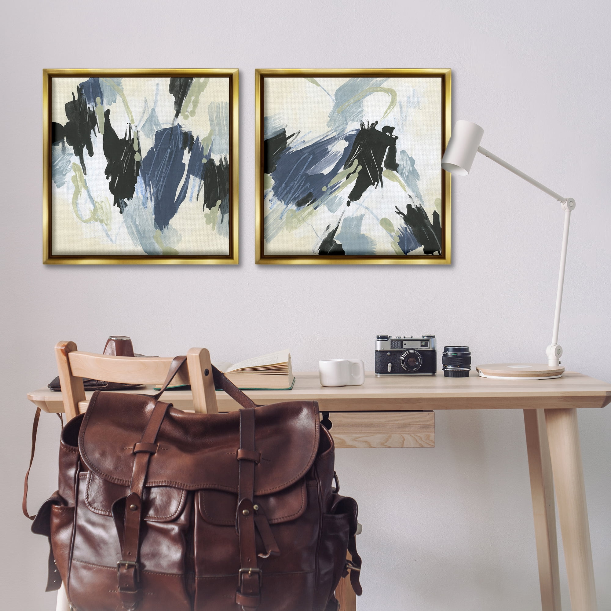 Stupell Industries Muted Blue Green Abstract Patches Abstract Painting Gold Floater Framed Canvas Art Print Wall Art, 25 x 25, Set of 2