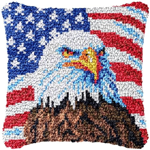 Eagle and American Flag DIY Latch Hook Pillow Kit for Adults Throw Pillow Cover with Printed Canvas Crochet Yarn Needle Craft Easy DIY Handmade Cushion for Christmas Decoration 43x43cm