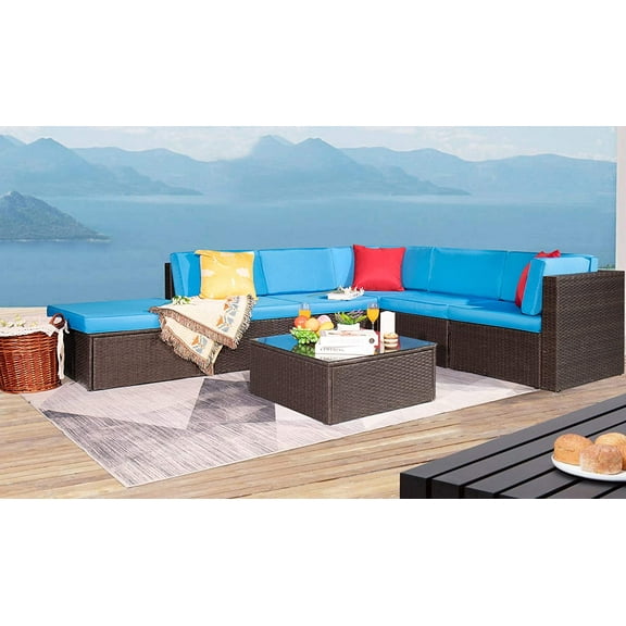 Lacoo 7 Pieces Outdoor Conversation Set All Weather PE Rattan Sectional Sofa Sets with Soft Cushions, Ottoman and Coffee Table, Blue