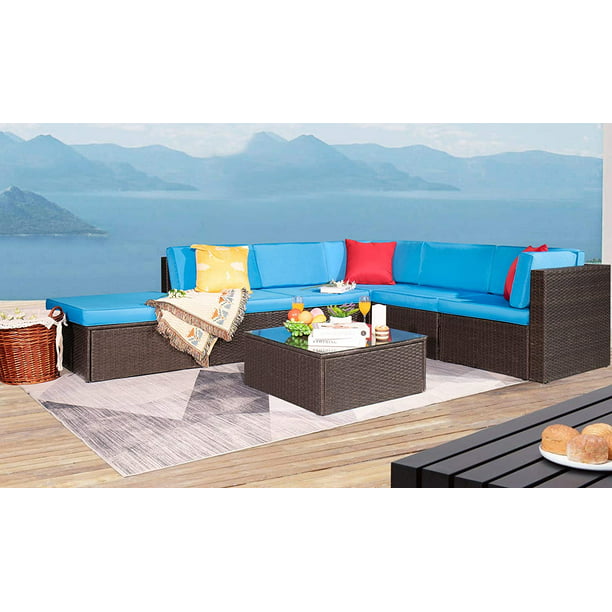 Lacoo 7 Pieces Outdoor Furniture Set Pe Rattan Wicker Cushion Sofa Sets All Weather Sectional Patio Conversation With Tea Table And Ottoman Blue Com - All Weather Patio Furniture No Cushions