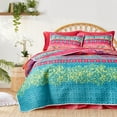 thumbnail image 2 of 3 Pieces Colorful Bohemian Quilt Set California King Size, Boho Striped Pink n Teal Printed Bedding Bedspread Coverlet Set for Summer, Soft Lightweight Microfiber Quilt with 2 Shams (102x114 inces), 2 of 10