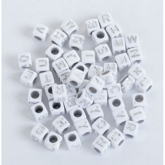 1,000 White Acrylic Letter Beads with Silver Letters 6mm with 3.4mm Hole