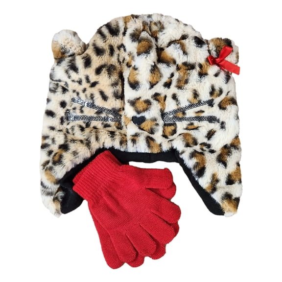 Girls Brown & Black Leopard Print Kitty Cat Gloves & Beanie Hat Set