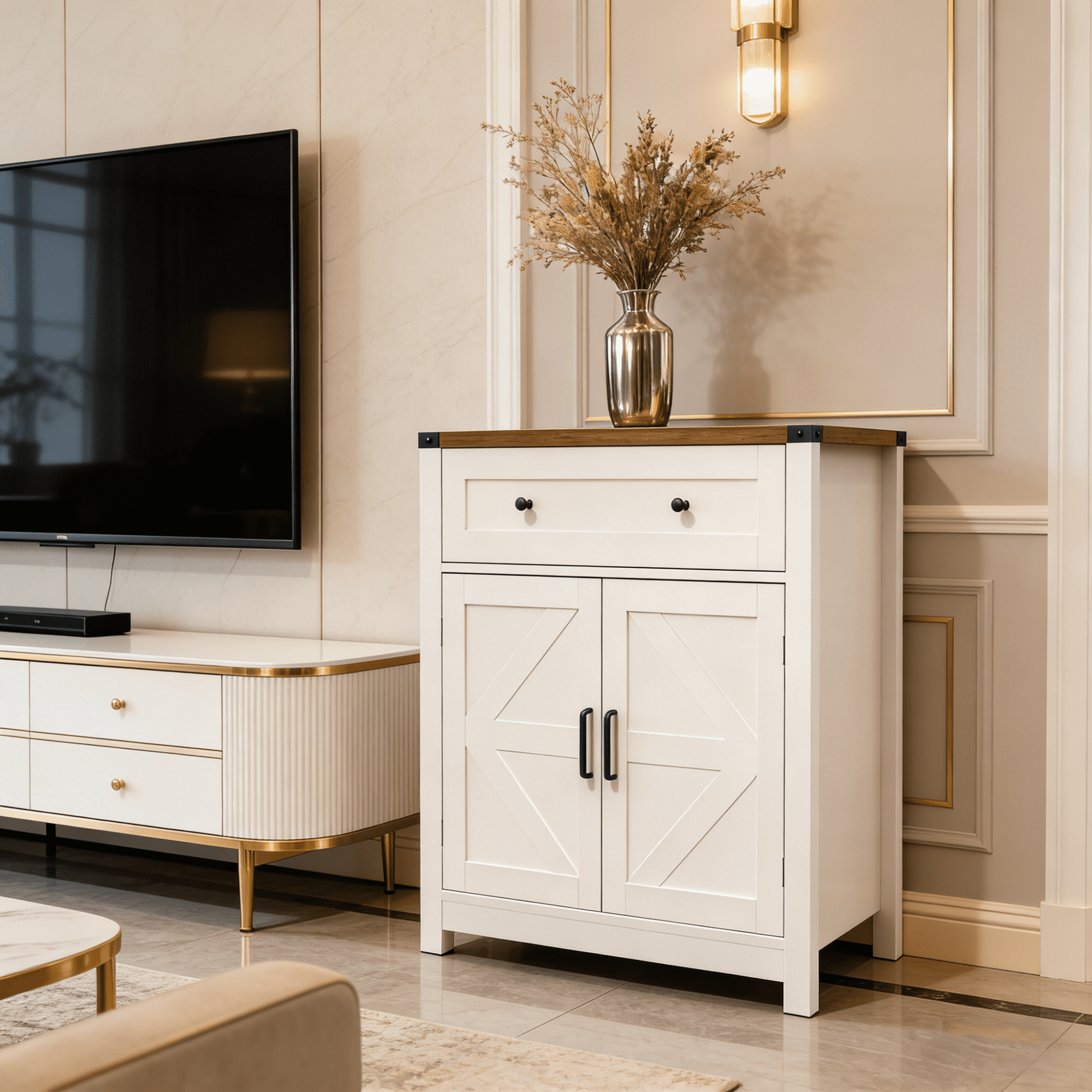 Leumius Farmhouse Barn-Door Storage Cabinet, Coffee Bar Buffet Sideboard with Drawer for Kitchen & Living Room White