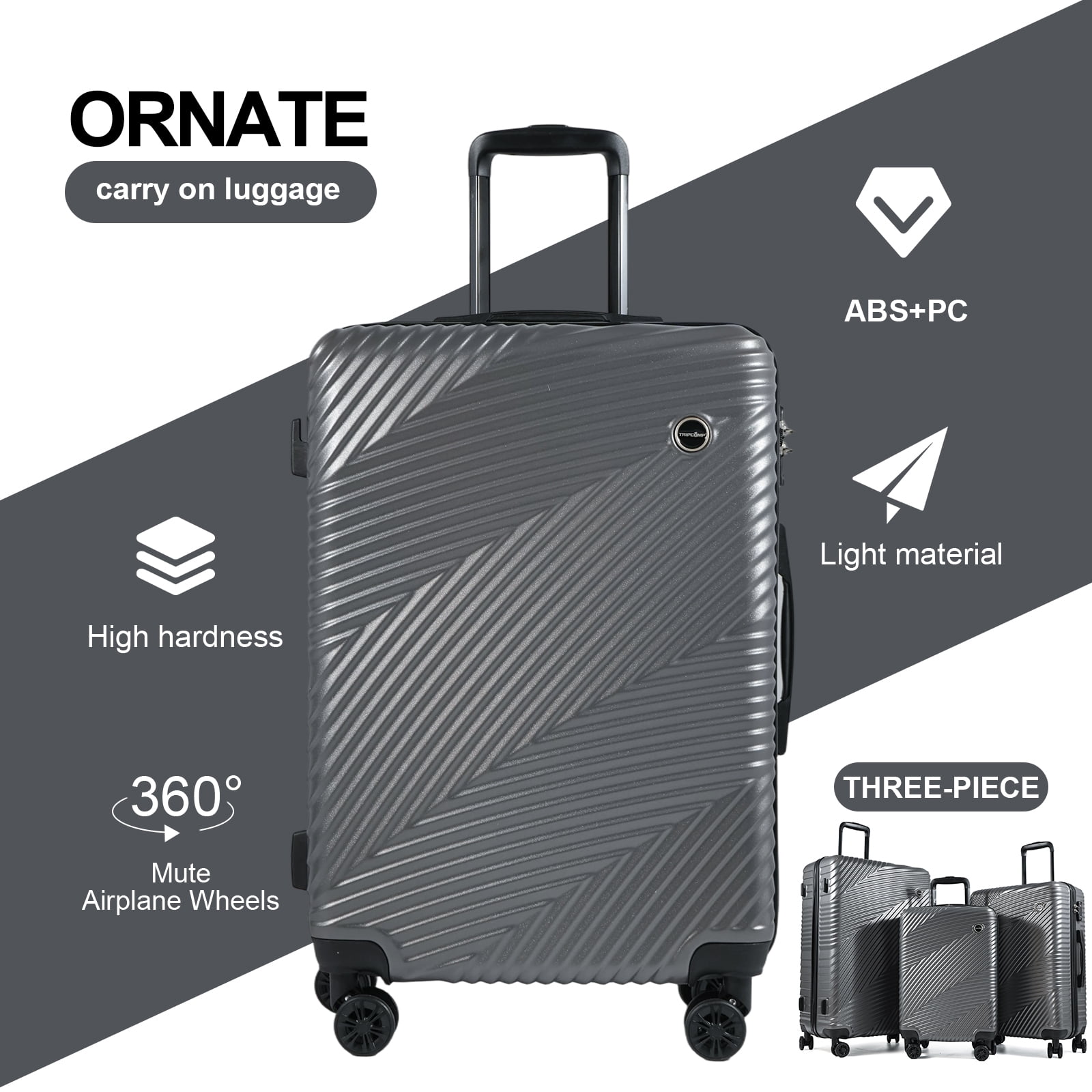 Tripcomp Luggage 3 Piece Set,Suitcase Set with Spinner Wheels Hardside Lightweight Luggage 20in24in28in.(Dark Grey)