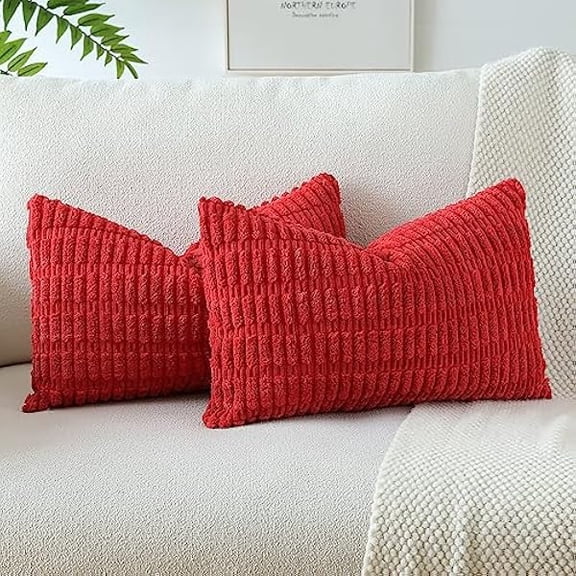 Eryueer Set of 2 Corduroy Soft Striped Cushion Covers 30x50 cm Boho Decorative Throw Pillow Covers Lumbar Cushion Case Couch Home Decor Pillowcases for Sofa Bedroom 12x20 Inch (Red)