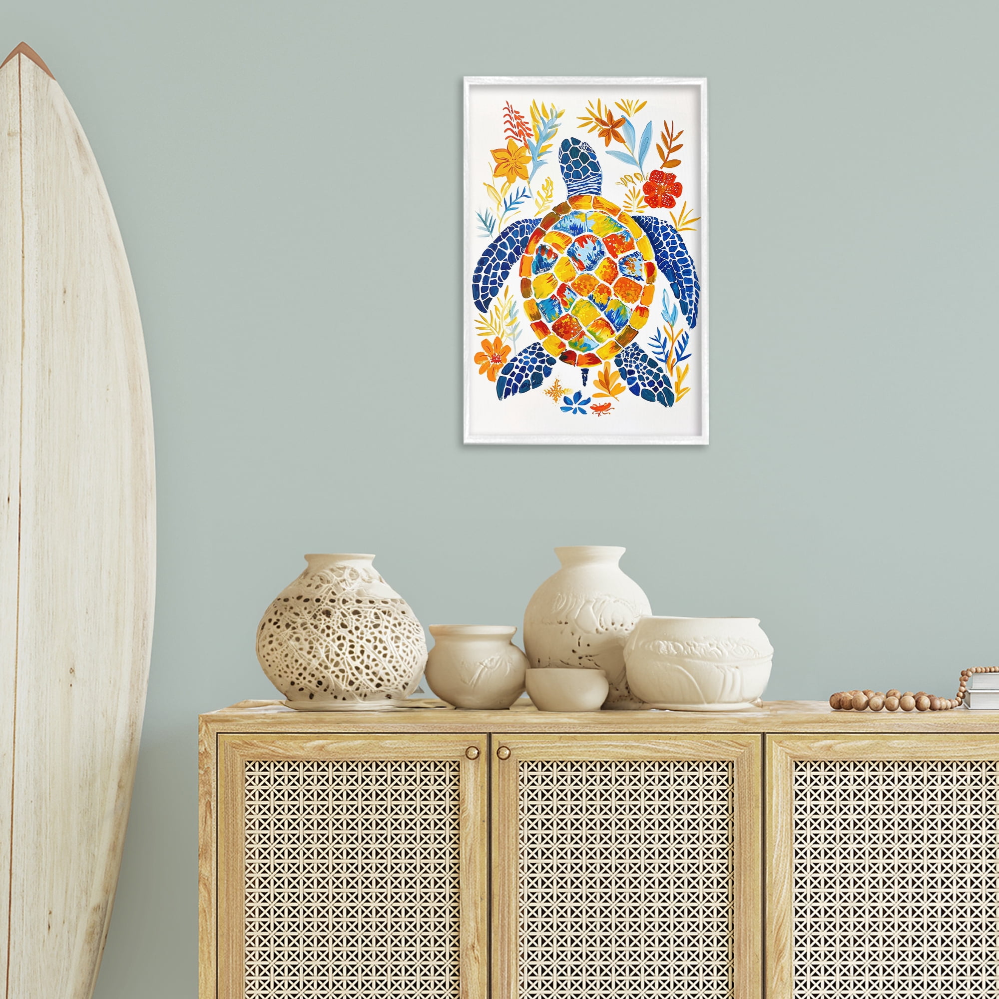 Stupell Industries Nautical Patterned Turtle Coastal Painting White Framed Art Print Wall Art, 16 x 24
