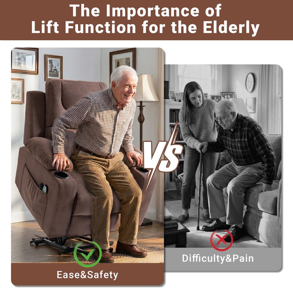 HSUNNS Power Lift Recliner Chair for Elderly, Oversized Lift Chair with Heat & Massage, 350 lb Capacity Electric Recliner with 160° Infinite Position, Side Pocket for Living Room, Brown