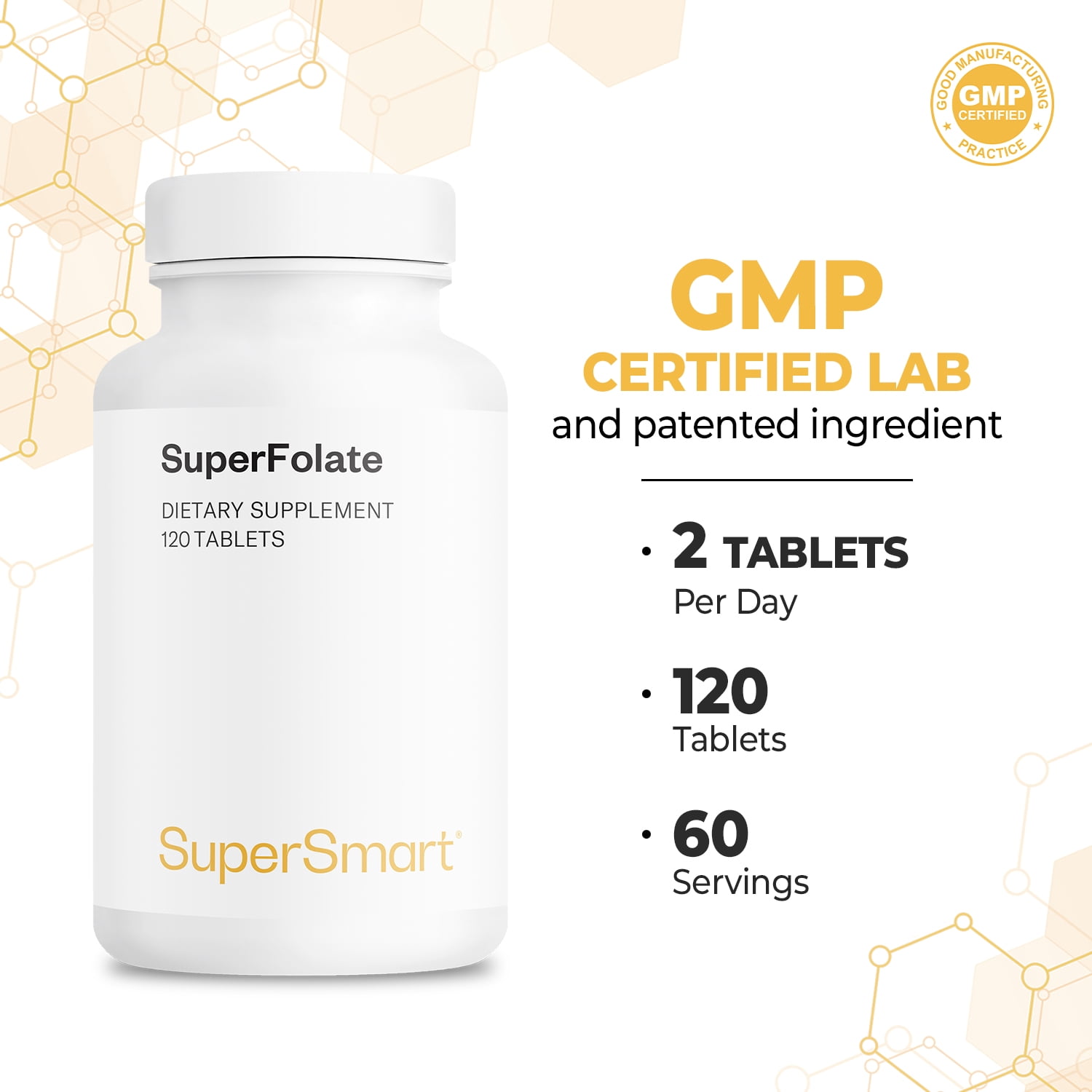 SuperSmart SuperFolate 400mcg / 4g per Day (Patented & Bioavailable) - Quatrefolic 5-MTHF Supplement - Active Folate Vitamin B9 | Non-GMO & Gluten Free - 120 Tablets