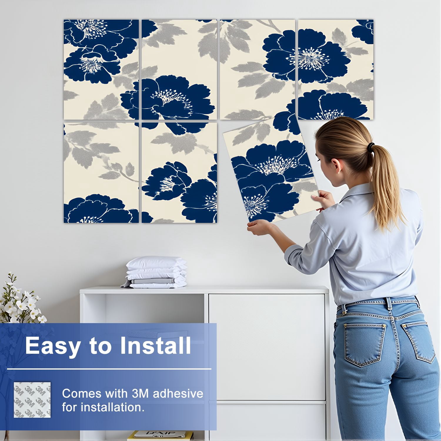 8 Pack Art Acoustic Panels Sound Absorbing Navy Blue Silver Floral Cream Decorative Soundproof Wall Panels Self Adhesive for Nursery Game Room Bedroom 48"x32"