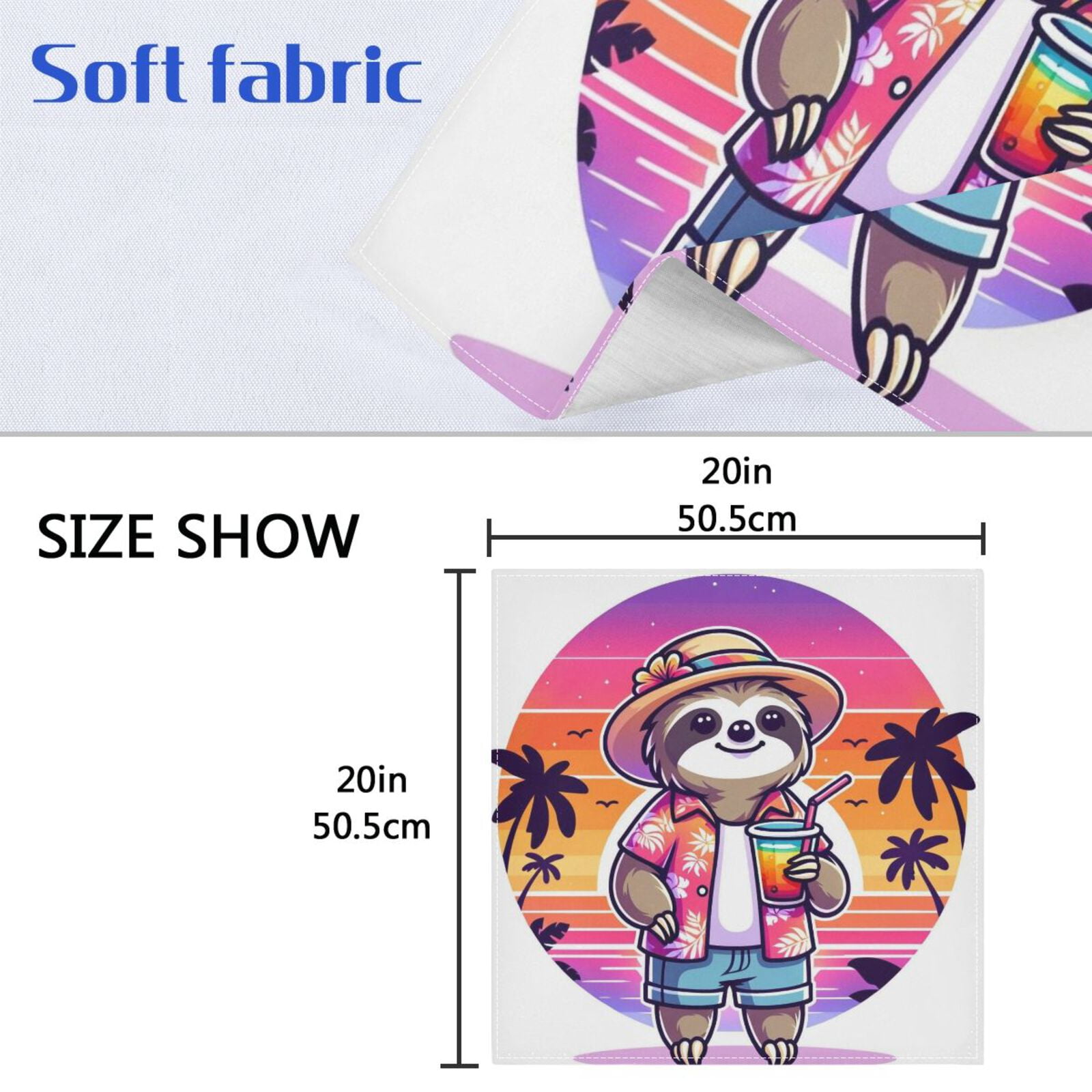 JSTEL Sloth Summer Beach Cloth Napkins Set of 6, 20x20 Inch Washable and Reusable Napkin for Decoupage Dinner Party Everyday Use