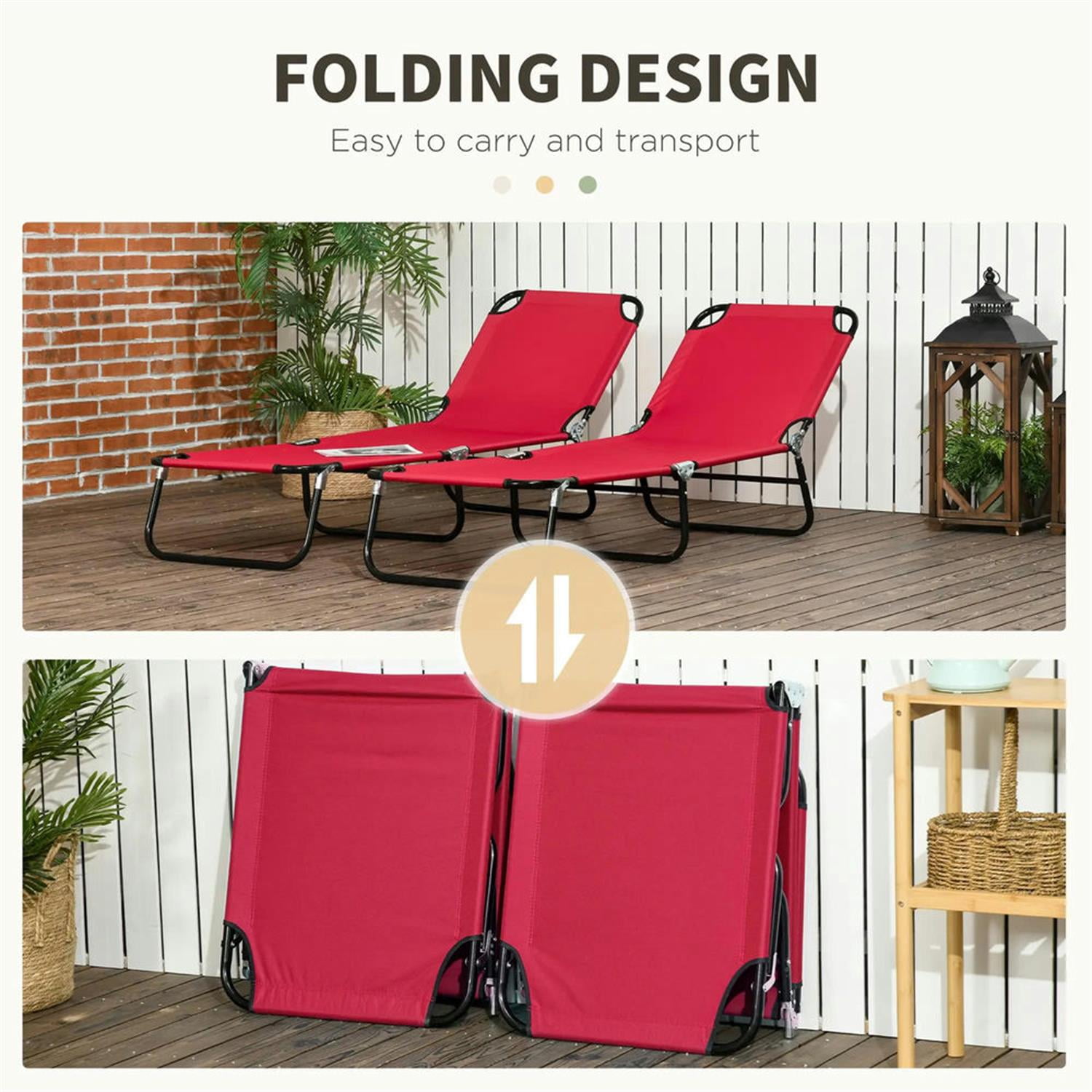 Demi Bonn 2-Piece Outdoor Collapsible Chaise Loungers with Steel Frame, 5-Position Reclining Folding Beach Chairs for Yard, Patio, Red