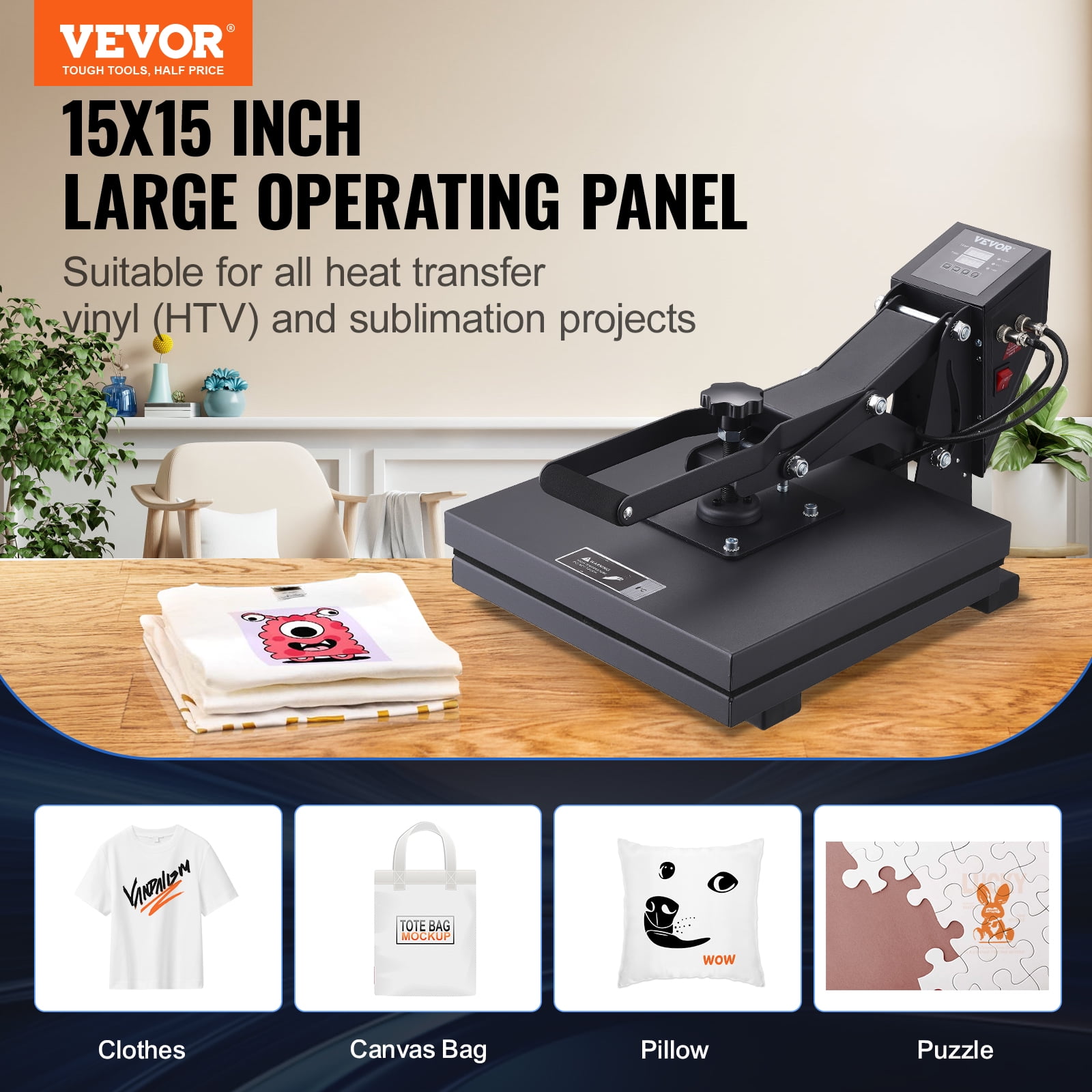 VEVOR Heat Press Machine, Clamshell Sublimation Transfer Printer with Teflon Coated, Digital Precise Heat Control, Silica-Gel, 15x15in /38x38cm