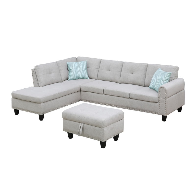 98" L-Shaped Sectional Sofa with Storage Ottoman, 4-Seat Linen Upholstered Modular Couch with Left Chaise, Drop-Down Backrest with Cup Holders, Nailhead Trim, 3-Piece Sofa Set for Living Room, Office