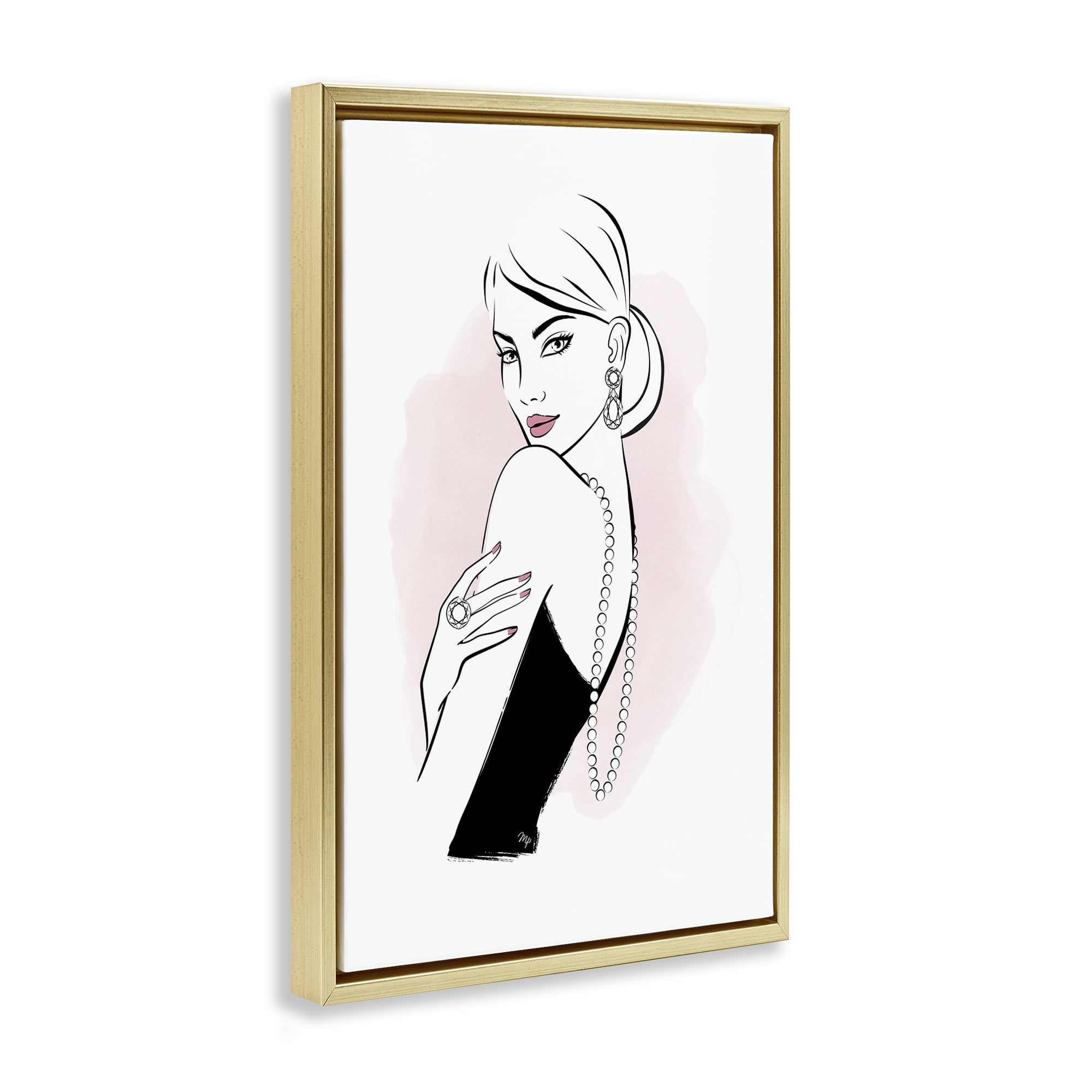 Stupell Industries Diamond Jewelry Girl Novelty Painting Gold Floater Framed Art Print Wall Art, 17 x 25