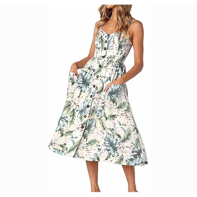 Women's Dresses Summer Floral Backless Spaghetti Strap Button Down Midi Dress with Pockets, L, Am071-05