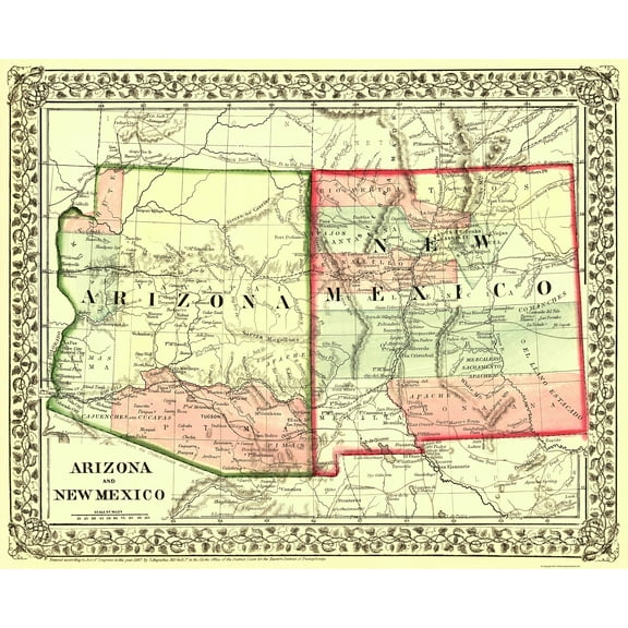 Historic State Map - Arizona  New Mexico - Mitchell 1867 - Vintage Wall Art