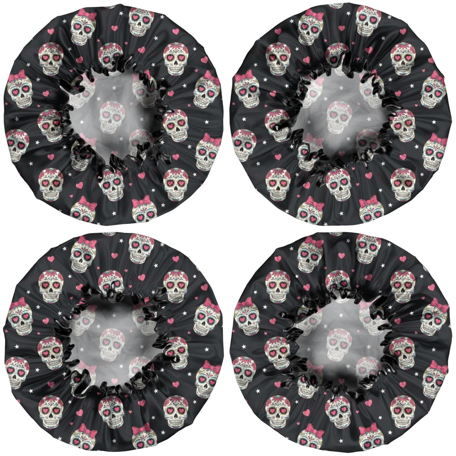 Shower Caps,Black Pink Skull Pattern Waterproof Shower Cap for Women 4 Pieces,Double Reusable Hair Cover for Shower PEVA Elastic Stretch Hem