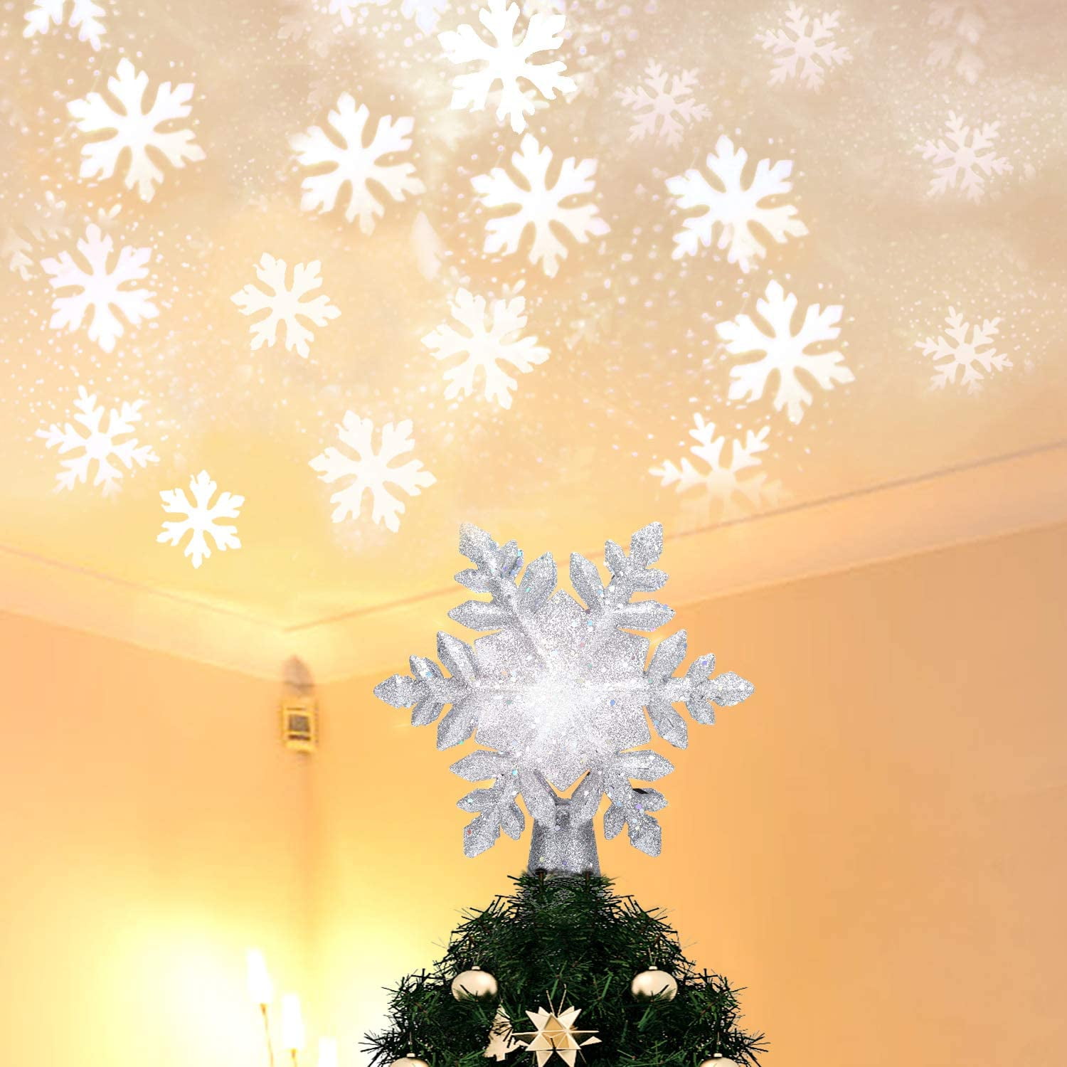 Yostyle Christmas Tree Topper Lighted with White Snowflake Projector