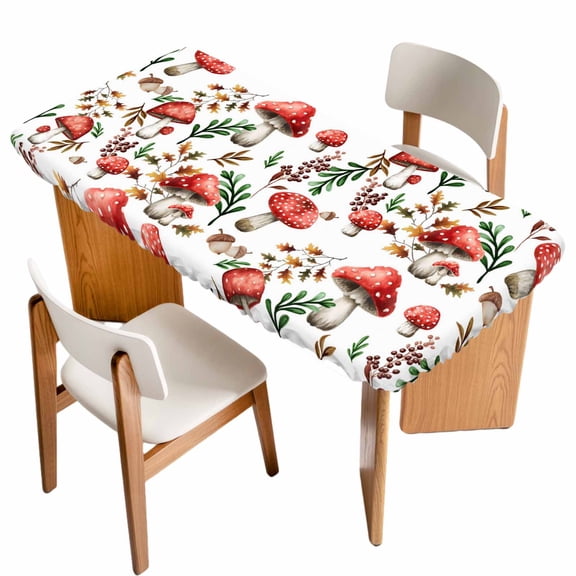 Red Mushrooms Table Cloths for 3 Foot Rectangle Tables, Maple Leaves Plants Country Botanical Patio Waterproof Elastic Fitted Tablecloths, Washable Rectangular Table Cover for Camping