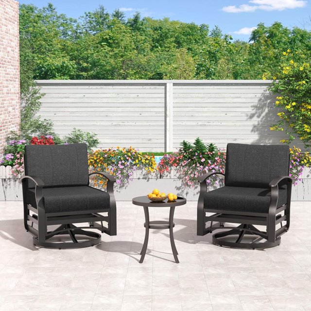 Gotland Ensemble de Conversation de 3 Pcs avec Chaises Berçantes Pivotantes en Aluminium - Mobilier d'Extérieur Résistant aux Intempéries pour Patio, Jardin et Terrasse Arrière, Balcon (Noir)