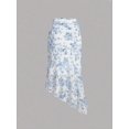 thumbnail image 5 of Blue And White Vintage Floral Print Asymmetrical Hem Ruched Waist Flowy Skirt For Women, 5 of 6