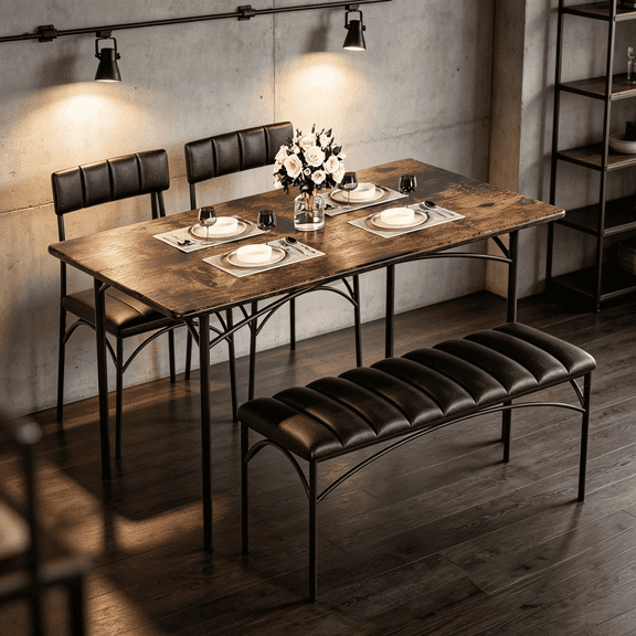 DreamCurship Dining Table Set for 4, Kitchen Table Set with Upholstered Chairs and Bench, Dining Room Table Set for 4, 4 Piece Dining Room Table Set for Small Space, Apartment, Home, Rustic Brown
