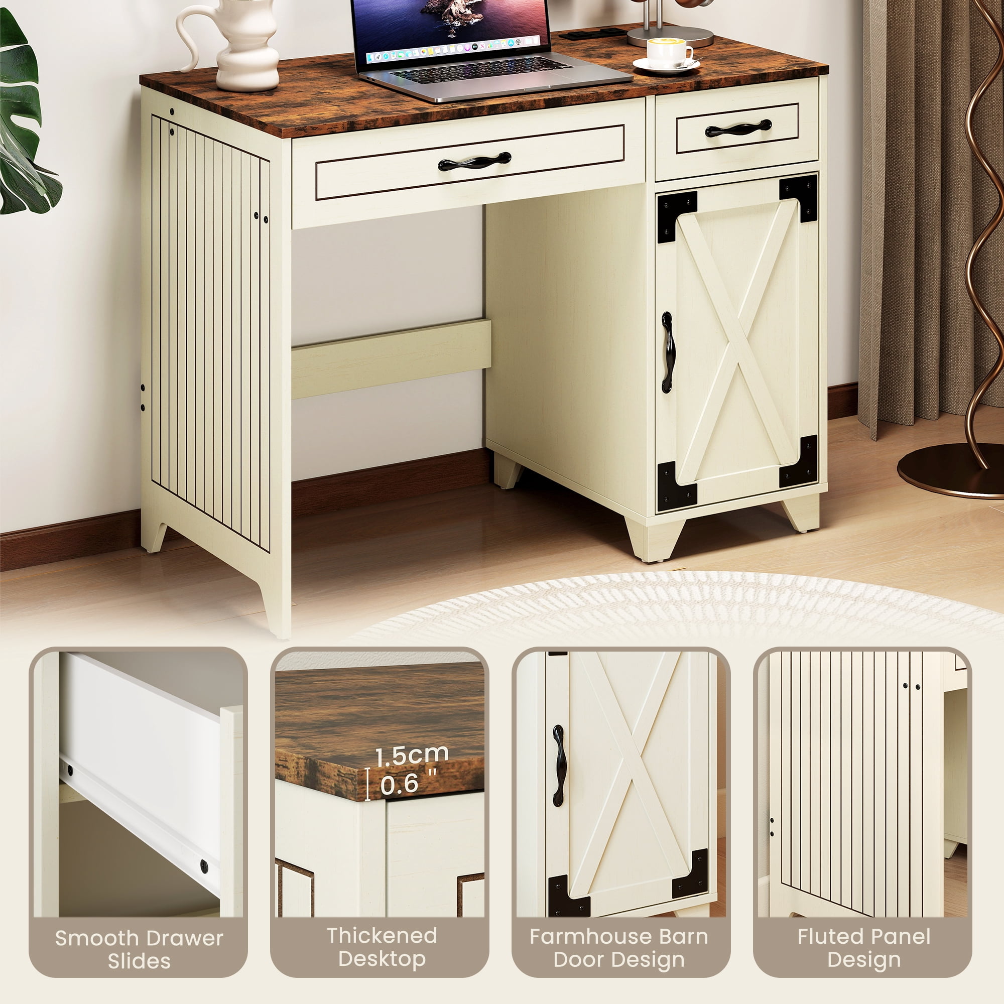 Manora Executive Desk, Modern Farmhouse Computer Desk with 2 Drawers & Cabinet, White Home Office Desk Writing Workspace for Work Study