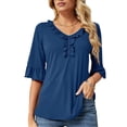 thumbnail image 1 of Women Ruffle Trim Half Sleeve Top V Neck Casual Loose Fit Elegant Dressy Summer T Shirt Blue M, 1 of 2
