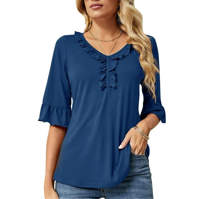 Women Ruffle Trim Half Sleeve Top V Neck Casual Loose Fit Elegant Dressy Summer T Shirt Blue M