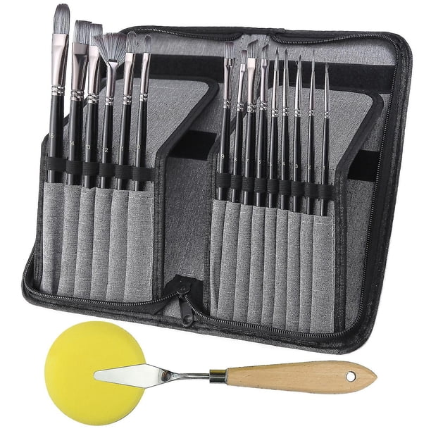 2024 Juego de 15 pinceles de acuarela para gouache acrílico para pintura al óleo con estuche de transporte emergente con espátula y 2 esponjas - Negro