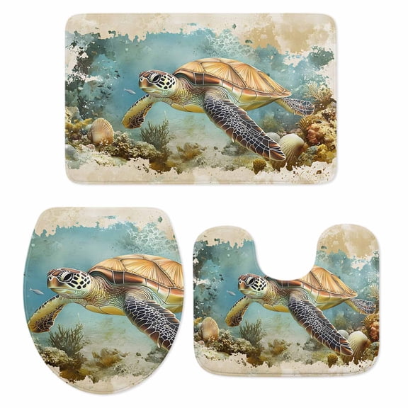 Ocean Turtle Bath Mat 3 Piece Bathroom Rug Set, Coastal Coral Illustration Retro Painting Non Slip Bath Rug Contour Mat and Toilet Lid Cover, Absorbent Shower Mats Soft Bath Rugs and Mats Sets