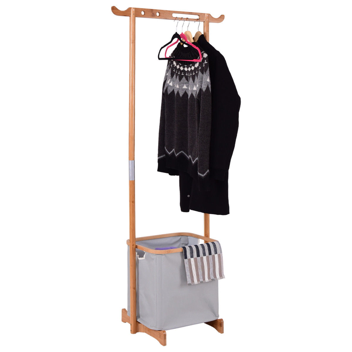 Gymax Bamboo Clothes Drying Rack Laundry Hamper Garment Hanger Storage Organizer