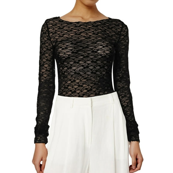 Women's Sexy Lace Long Sleeve Transparent Mesh Top Floral Pattern T-Shirt Elegant Feminine Blouse Stylish Comfortable Fashion