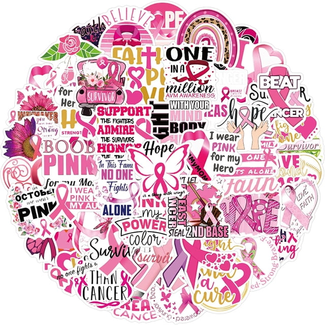50 pegatinas de concientización sobre el cáncer de mama, paquete de vinilo blanco y rosa con lazo rosa, monton de diseños variados con frases como "Hope" y "Survivor", símbolos de cinta rosa, corazones y tipografías mixtas; ideal para manualidades, teléfono, laptop o botella de agua.